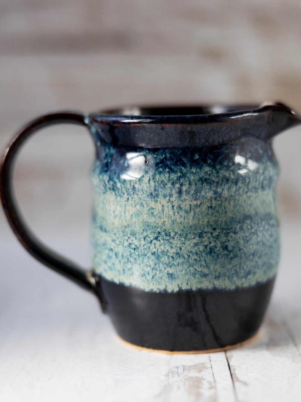 Bear Hills Pottery Newtown CT blue drip glaze pitcher 4.25 inches tall